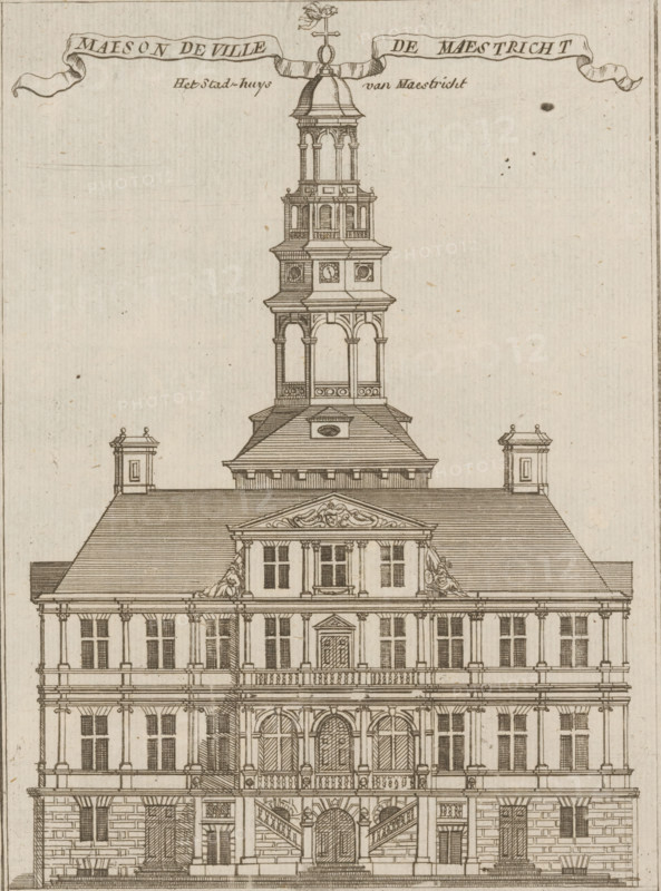 View of the Town Hall in Maastricht, Maeson de ville de Maestricht, The Town Hall of Maastricht, print, printmaker: Jacobus Harrewijn (possibly), 1700 - 1750, paper, etching, height 197 mm x width 155 mm, town hall, exterior, architectural design or model, Maastricht, A detailed architectural engraving of a classical multi-story building with a tall, tiered central tower rising above a pitched roof, featuring arched openings, columns, balustrades, decorative pediments, and sculptural reliefs; the façade shows rows of rectangular windows with mullions, paired columns, an upper balcony with a central door framed by columns, a grand arched entrance flanked by staircases leading to a landing, and rusticated stonework on the lower level; the tower includes successive open arcaded stages, ornamental panels, and a domed top with a finial.