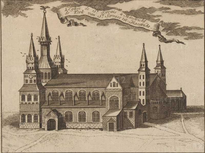 View of St. Servais in Maastricht, L'Eglise de St. Servais à Maestricht. the Church of St. Servaes in Maestricht, print, printmaker: Jacobus Harrewijn (possibly), 1700 - 1750, Jacobus Harrewijn, printmaker, paper, etching, height 160 mm x width 214 mm, church (exterior), Maastricht, St. Servaas Basilica, A detailed ink illustration of a large cathedral complex with multiple tall spires and towers, ornate arched windows, and steeply pitched roofs; the building shows layered architectural sections with buttresses, a variety of window shapes including pointed arches and circular motifs, and decorative roof textures; a banner floats above in the sky, and stylized cloud shading occupies the upper area; birds are depicted near the tallest spire, and the foreground shows a flat, textured ground leading up to the structure.