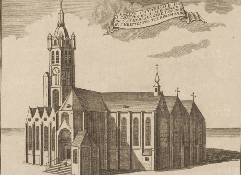 The Cathedral Church of St. Christopher in Rüremonde, View of the St. Christopher Cathedral in Roermond, print, printmaker: Jacobus Harrewijn (possibly), 1700 - 1750, paper, etching, height 155 mm x width 202 mm, church (exterior), Roermond (Limburg), A detailed ink drawing of a large gothic cathedral viewed from an angle, showing a tall bell tower with tiered turrets and a domed top with a finial, a clock face on the tower, steeply pitched roofs with patterned hatching, numerous tall pointed arched windows with tracery, buttresses along the exterior walls, a main entrance approached by stone steps and a small porch, a smaller tower topped by an onion-shaped cupola and a cross-topped spire, decorative crosses on roof peaks, and stylized clouds in the sky.
