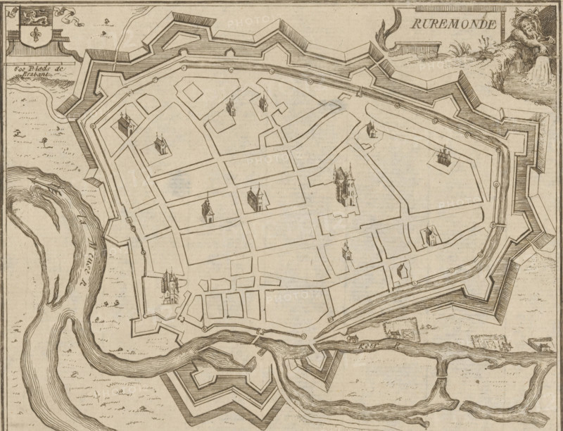 Map of Roermond, Ruremonde, area plan, print, printmaker: Jacobus Harrewijn (possibly), 1700 - 1750, paper, etching, height 155 mm x width 194 mm, maps of cities, Roermond (Limburg), A sepia-toned engraved map view of a fortified town surrounded by angular bastioned walls and moats, showing a grid of streets and rectangular blocks with small illustrated church-like buildings at various locations; a winding river borders part of the town with detailed contour lines indicating water flow; decorative cartouche elements and a reclining lion figure appear near the top corner; the engraving includes hachured shading on the fortifications and textured areas indicating fields or open ground outside the walls.