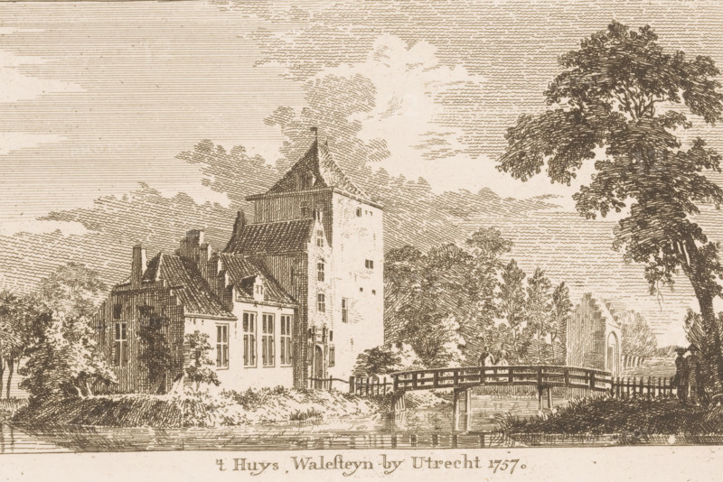 t Huys Walesteyn near Utrecht 1757, View of Walenburg Castle, Nederlangbroek, print, printmaker: attributed to Hendrik Spilman, Haarlem, 1757, Attributed to, paper, etching, height 140 mm x width 215 mm, castle, Langbroek, Walenburg Castle, A sepia-toned engraving shows a cluster of buildings with varied rooflines beside a body of water, including a tall tower-like structure with small windows and adjacent lower houses with pitched roofs and rectangular windows, a small arched doorway is visible on one building, and a wooden bridge with railings crosses the water in front of the buildings; trees with detailed foliage stand to the right and among the buildings, and horizontal engraved lines form a textured sky with scattered cloud shapes.