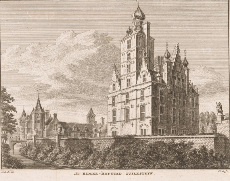 View of Zuilenstein Castle, Leersum, The knightly manor of Zuilestein, print, book illustration, Series number, 295-298, printmaker: Hendrik Spilman, after drawing by Jan de Beijer, 1774, paper, etching, height 165 mm x width 210 mm, Print used in: Het verheerlykt Nederland or cabinet of contemporary views of cities, villages, castles, and other prominent city and country buildings, in and around all the particular United Dutch Provinces: drawn from life during the last years by renowned draughtsmen and engraved in copper, serving to clarify the description of the Present State of the United The Netherlands. Amsterdam: Isaac Tirion, vol. 9, castle, Zuilenstein Castle, A detailed ink drawing of a large stone building with multiple steep gables and onion-shaped spires, showing many windows and decorative stonework, next to a high wall and a water-filled moat bordered by dense shrubbery, with additional towers and rooflines visible behind and to the left, a small arched bridge over the wa...
