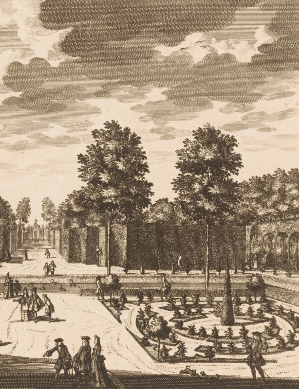 View from Wallestein House towards the garden, Wallestein, from the House to the rear cabinet to be seen, View from the House towards the last cabinet, print, Series number, 69, printmaker: Daniël Stopendaal, publisher: widow Nicolaes Visscher (II), 1719, paper, etching, height 159 mm x width 205 mm, A sepia-toned engraved scene showing a formal garden with rows of tall trees lining a central path, ornate balustrades and stone urns along the walkway, and a circular fountain or planted bed with sculpted edges. Small groups of people in period clothing stand and stroll near the fountain and along the paths, some appearing to converse and some seated on benches. In the distance a classical pavilion or temple structure is visible framed by trees, and the sky above is filled with textured cloud engraving.