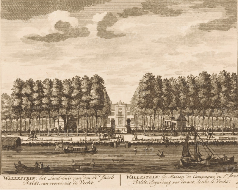 Wallestein House seen from across the Vecht, Wallestein, the Country House of Mr. Jacob Balde, from the front of the Vecht, Looking from the front, above the Vecht, print, Series number, 68, printmaker: Daniël Stopendaal, publisher: widow Nicolaes Visscher (II), 1719, paper, etching, height 160 mm x width 206 mm, A wide sepia-toned engraving shows a riverside scene with a large formal house partially obscured by tall evenly spaced trees lining the riverbank, a wide road or promenade running between the trees and the water, and small groups of people and horse-drawn carriages on the road. Several boats and small sailing vessels occupy the water in the foreground, some with figures aboard and others with swans nearby. The house has a symmetrical façade with a central doorway and windows, flanked by gated posts and low walls, while smaller outbuildings and structures are visible among the trees. The sky above is filled with textured clouds rendered in fine hatchwork.