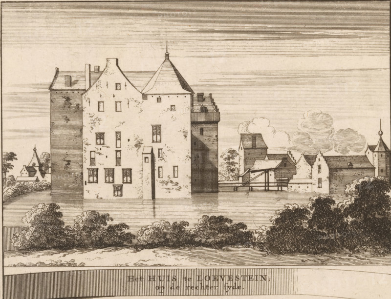 The House at Loevestein, on the right side, View of Loevestein Castle, Castles, country estates and houses in the Netherlands, print, book illustration, printmaker: Jacobus Schijnvoet, Amsterdam, after drawing by Roelant Roghman (possibly), publisher: Pieter de Coup (possibly), 1711, paper, etching, height 195 mm x width 214 mm, Print first used in: Smids, Ludolph. Schatkamer der Nederlandse oudheden, of Woordenboek, between p. 108 and 109. Possibly appeared thereafter in reissues of this work in 1737 and 1774. In 1721, an edition appeared containing only the prints: Nederlandsche oudheden, bestaan in zeskelijk verbeeldingen, gelegen in Holland, 't Sticht van Utrecht en Gelderland enz. Amsterdam: Hendrik Bosch, 1721., castle, Poederoijen, Loevestein Castle, A detailed ink drawing of a large multi-story building complex with varied rooflines and towers set behind a wide body of water, the central structure showing a tall gabled facade with small rectangular windows and a conical roofed ...