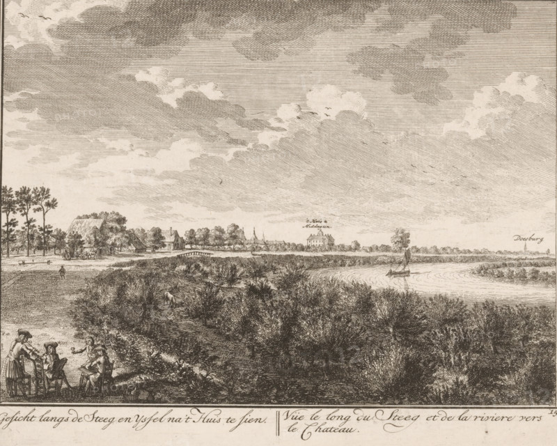 View along the IJssel at Middachten Castle and Doesburg, View along the Steeg and the Yssel towards the House, Vüe le long du Steeg et de la riviere vers le Chateau, Views of Middachten Castle, Various beautiful and entertaining views of the old noble House of Middachten, print, Series number, 15, Numbered lower right: 15., printmaker: Hendrik de Leth, Amsterdam, printmaker: Adolf van der Laan, publisher: Andries de Leth, c. 1725 - 1731, paper, etching, height 163 mm x width 209 mm, A detailed monochrome landscape etched scene showing a wide sky filled with layered, textured clouds above a low horizon; a river curves through the middle ground with a small sailboat on its surface and gentle ripples around it; trees and dense shrubbery line the riverbank and foreground, rendered with intricate crosshatching; a distant village with roofs, a steeple, and a larger building sits across open fields, connected by a small bridge and bordered by scattered trees; figures appear near the lower lef...