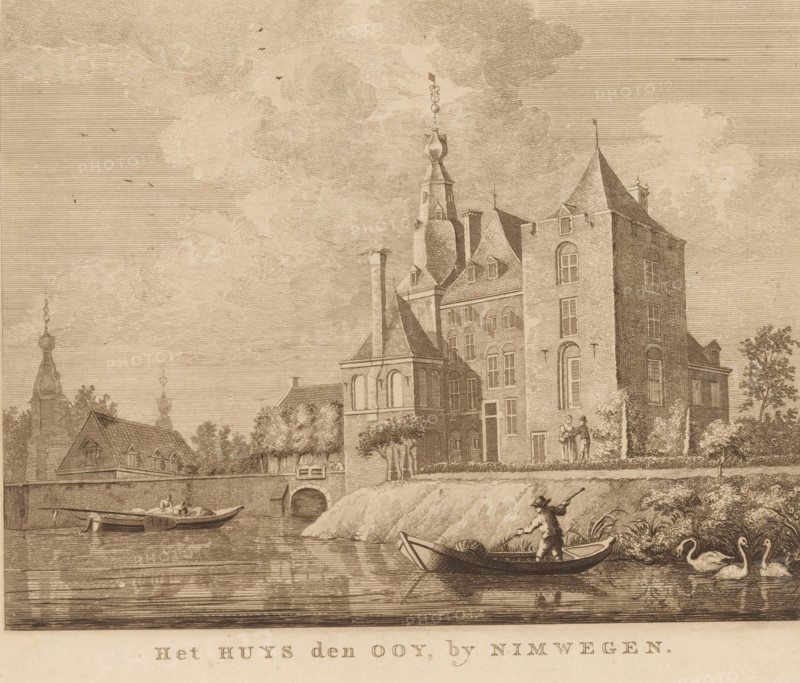 Het Huys den Ooy, by Nimwegen, View of Ooy Castle from the water, print, Netherlands, c. 1770 - c. 1830, printmaker, paper, etching, height 165 mm x width 206 mm, castle, landscape with tower or castle (city(-scape) with figures, staffage), Ubbergen, Ooij, Ooy Castle, Ooy, A detailed sepia-toned etching shows a waterfront scene with a large multi-story brick building featuring steep pitched roofs, dormer windows, decorative chimneys, and a tall ornate turret topped by a finial, sitting behind a low embankment and a row of trees. In the foreground a small rowboat with a standing figure holding a pole moves on calm water near the grassy bank where swans float and reeds grow. To the left several other boats lie on the water near a stone quay and an arched bridge opening in the embankment. Additional smaller roofed structures and towers with decorative spires appear beyond the main building under a sky filled with layered clouds and a few flying birds. Two figures stand on the embankment n...