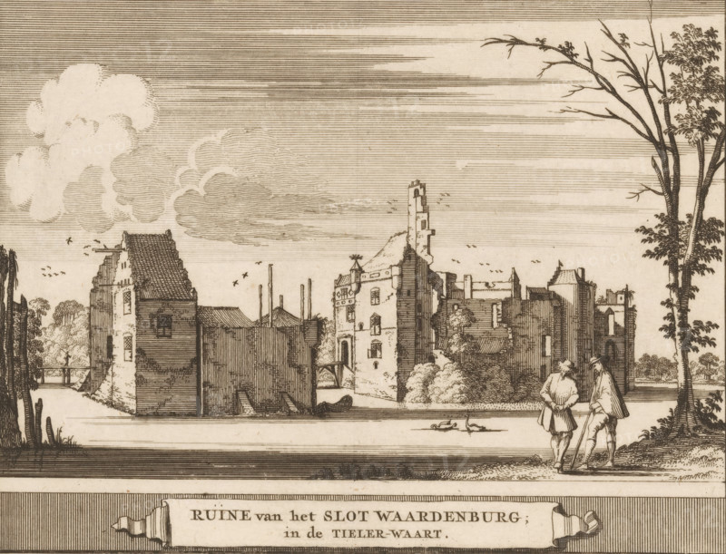 View of the ruins of Waardenburg Castle, Ruins of Waardenburg Castle, in the Tieler-Waart, Castles, country estates and houses in the Netherlands, print, book illustration, printmaker: Jacobus Schijnvoet, Amsterdam, after drawing by Roelant Roghman (possibly), publisher: Pieter de Coup (possibly), 1711, paper, etching, height 195 mm x width 214 mm, Print first used in: Smids, Ludolph. Schatkamer der Nederlandse oudheden, of Woordenboek, between p. 372 and 373. Possibly appeared thereafter in reissues of this work in 1737 and 1774. In 1721, an edition appeared containing only the prints: Nederlandsche oudheden, bestaan in zesachtig verbeeldingen, gelegen in Holland, 't Sticht van Utrecht en Gelderland enz. Amsterdam: Hendrik Bosch, 1721., ruin of a dwelling, house, castle, landscape with ruins (city(-scape) with figures, staffage), Waardenburg, A detailed ink landscape shows a riverside scene with a row of old buildings and ruins along the water, including structures with pitched roofs,...
