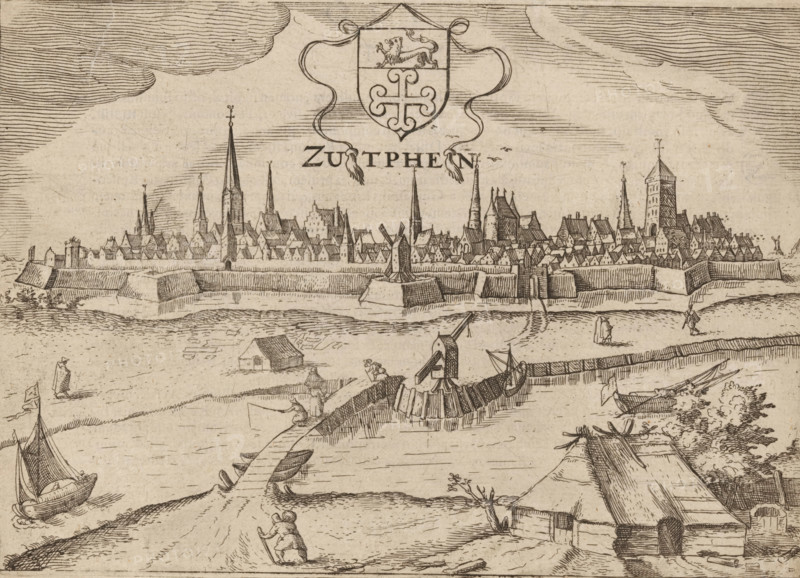 Zutphen, View of Zutphen from across the IJssel, print, book illustration, publisher: Jan Jansz., Arnhem, 1616, printmaker, paper, etching, letterpress printing, with text in letterpress on verso, height 144 mm x width 201 mm, A wide sepia-toned etching shows a fortified town across a river with a long wall, ramparts, and clustered steep-roofed buildings punctuated by tall slender spires and a square tower, a decorated shield with a ribbon motif floating above the skyline, clouds drawn with fine horizontal lines filling the sky, small boats and a larger vessel on the water near a wooden quay, a curving bridge or causeway connecting riverbank to the town with a simple gate structure, several tiny human figures on land and near the water engaged in walking and working, scattered trees and low shrubs along the foreground, and detailed linework indicating textures of water, earth, roofs, and masonry throughout.
