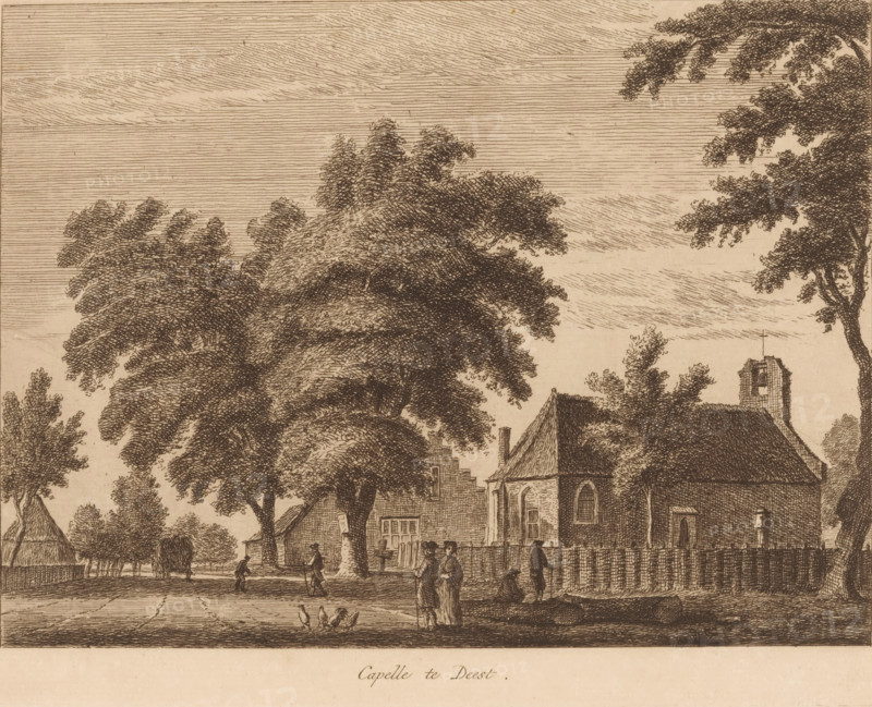 Capelle in Deest, Village view in Deest, Views of prominent Dutch villages, Dutch village views, print, Series number, 4, Numbered top right: 4., publisher: Pierre Fouquet (possibly), Amsterdam, c. 1770 - c. 1800, printmaker, paper, etching, intaglio printmaking technique, height 160 mm x width 212 mm, Print possibly from: Views of prominent Dutch villages. Amsterdam: Pierre Fouquet, sa, church (exterior), village (city(-scape) with figures, staffage), Deest, A sepia-toned etching showing a village scene with large leafy trees dominating the foreground and background, a pitched-roof building with arched windows and a small tower partially visible behind a wooden fence, smaller houses and stepped gables peeking between the trees, several human figures standing and walking near the fence and along a dirt road, a group of birds on the ground near the road, textured sky filled with horizontal etched lines, and a thatched structure visible to the left.