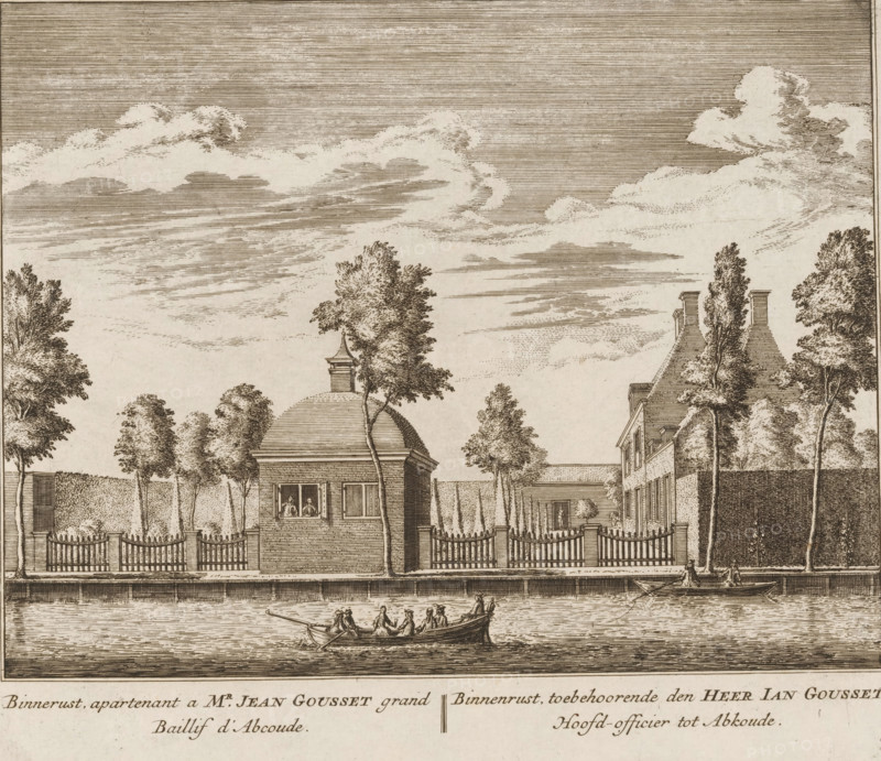 View of the country estate Binnenrust, in Abcoude, Binnenrust, owner of Mr. Jean Gousset, grand bailiff of Abcoude, belonging to Mr. Ian Gousset, chief officer of Abcoude, print, book illustration, Series number, 70, 100, printmaker: Abraham Rademaker, publisher: Leonard Schenk, Amsterdam, 1730, paper, etching, three binding holes in the left margin, height 172 mm x width 199 mm, A sepia-toned engraving showing a waterside scene with a wide sky filled with layered, horizontally etched clouds above a row of trees and buildings behind a tall fence; a domed pavilion with a small cupola sits near the center with windows displaying two seated figures, flanked by slender trees and hedges, and adjacent to a multi-story house with chimneys and tall trees; a wooden picket fence runs along the waterfront with gated openings, and boats with small groups of people are on the water in the foreground, one boat being rowed and another near the quay.