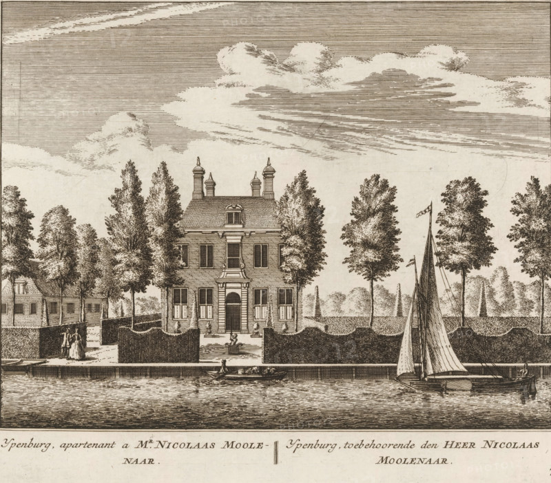 View of the country estate Ypenburg, in Abcoude, Ypenburg, apartmentnant to Mr. Nicolaas Moolenaar, belonging to Mr. Nicolaas Moolenaar, print, book illustration, Series number, 73, 100, printmaker: Abraham Rademaker, publisher: Leonard Schenk, Amsterdam, 1730, paper, etching, three binding holes in the left margin, height 171 mm x width 200 mm, A detailed pen-and-ink scene shows a riverside view with a large three-story house centered behind a neatly trimmed hedge and flanked by tall trees, the house featuring a pitched roof with decorative chimneys, symmetrical windows, and a central doorway approached by steps and a small fountain in front; to the right a sailboat with furled and raised sails is moored at the riverbank while a smaller rowboat with figures drifts on the water; to the left a smaller building sits partly obscured by trees and a pathway leads from the riverbank past the hedge where two walking figures stand; the sky above is filled with layered horizontal lines and bill...