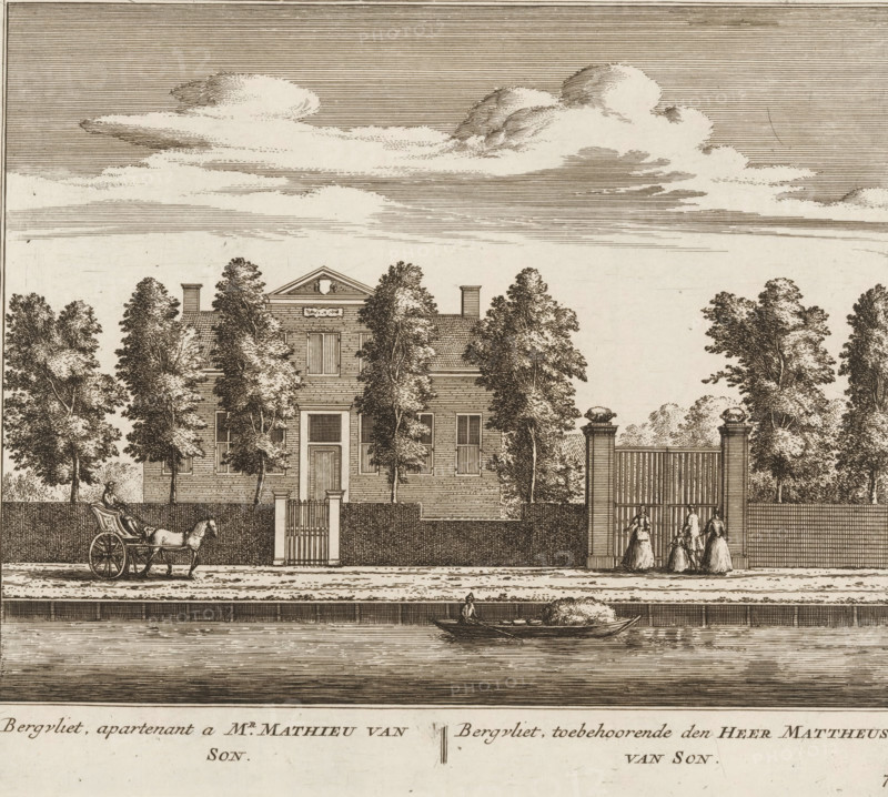 View of the country estate Bergvliet, in Abcoude, Bergvliet, apartment to Mr. Mathieu van Son, belonging to Mr. Mattheus van Son, print, book illustration, Series number, 76, 100, printmaker: Abraham Rademaker, publisher: Leonard Schenk, Amsterdam, 1730, paper, etching, three binding holes in the left margin, height 174 mm x width 201 mm, A detailed sepia-toned engraving shows a large house partially obscured by tall trees, with a decorative pediment above the central entrance and shuttered windows along the façade; a solid wall and gate run across the front of the property, with a tall gated entrance flanked by columns topped with urns and a smaller gate nearer the center; a horse-drawn carriage is on the road in front of the wall while a group of figures in long dresses stand near the tall gate; a boat with a seated figure and a pile of cargo is on the water in the foreground and a person in the water near the riverbank appears to be swimming or wading; the sky above is filled with l...