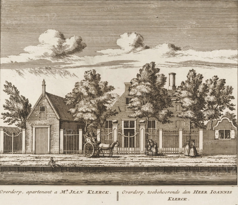 View of the country estate Overdorp, in Baambrugge, Overdorp, apartment to Mr. Jean Klerck, belonging to Mr. Ioannis Klerck, print, book illustration, Series number, 79, 100, printmaker: Abraham Rademaker, publisher: Leonard Schenk, Amsterdam, 1730, paper, etching, three binding holes in the left margin, height 174 mm x width 200 mm, A detailed pen-and-ink scene shows a row of buildings behind a tall fence with gates, with trees rising above the rooftops and a cloudy sky overhead; on the street in front there is a horse-drawn carriage stopped by the gate and a person standing near it, another person walking nearby, and a figure seated at the canal edge with a long pole; architectural details include gabled roofs, chimneys, windows, and a small arched doorway set into the fence.