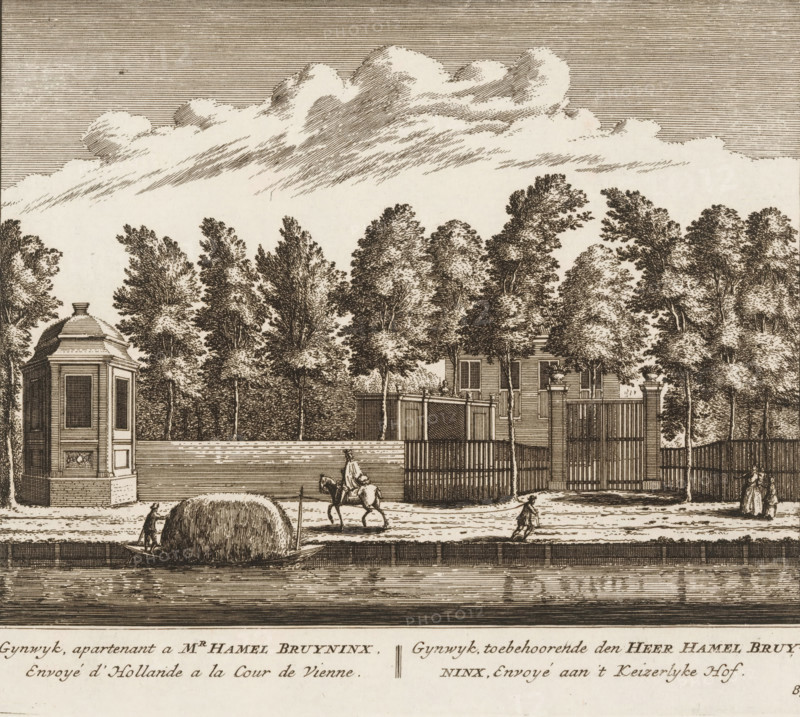 Gynwyk, apartnant a mr. Hamel Bruyninx, envoyé d'Hollande a la cour de Vienne, toebehoorende den heer Hamel Bruyninx, envoyé aan 't Keizerlijke hof, View of the country estate Gijnwijk, near Baambrugge, print, book illustration, Series number, 85, 100, printmaker: Abraham Rademaker, publisher: Leonard Schenk, Amsterdam, 1730, paper, etching, three binding holes in the left margin, height 174 mm x width 200 mm, A detailed sepia-toned engraving shows a row of tall, leafy trees behind a high wall and wooden fence with a gate, flanked by classical pavilion-like structures, while clouds fill the sky above; in the foreground a waterway reflects the scene, a small boat carrying a large rounded load is near the bank where a standing figure tends it, a mounted rider in a cloak moves along the road, a person walks nearby, and a woman in a long dress stands at the gate.