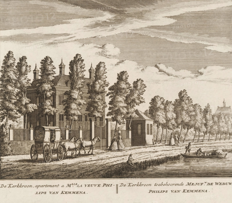 De Kerkkroon, apartenent a mlle. la veuve Philips van Kemmena, toebehoorende mejufw. de woorden Philips van Kemmena, Gezicht op de buitenplaats De Kerkkroon, bij Baambrugge, print, book illustration, Series number, 88, 100, printmaker: Abraham Rademaker, publisher: Leonard Schenk, Amsterdam, 1730, paper, etching, three binding holes in the left margin, height 174 mm x width 200 mm, A detailed ink drawing of a street scene showing a large multi-story house partially obscured by tall leafy trees, a gated entrance with pillars, and a small outbuilding nearby; in front of the gate a covered carriage drawn by a pair of horses stands on the road while several people in period clothing walk or stand nearby; along the roadside a person sits at the water’s edge and two figures work in a small rowed boat on the water; the sky above features layered, finely hatched clouds.