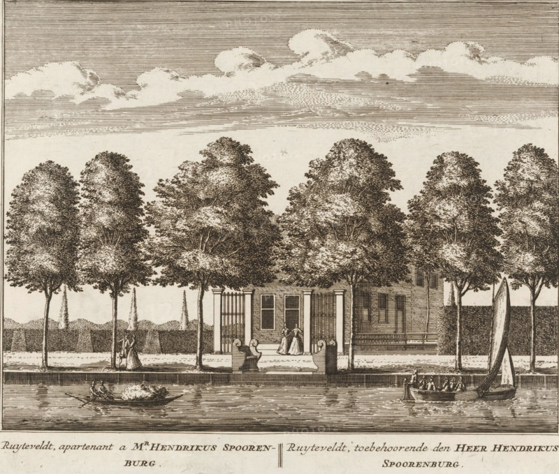 Ruyteveldt, owner of Mr. Hendrikus Spoorenburg, belonging to Mr. Hendrikus Spoorenburg, View of the country estate Ruyteveldt, near Loenersloot, print, book illustration, Series number, 90, 100, printmaker: Abraham Rademaker, publisher: Leonard Schenk, Amsterdam, 1730, paper, etching, three binding holes in the left margin, height 170 mm x width 200 mm, An engraving showing a row of tall trees with dense, textured foliage lining a waterfront promenade, a two-story building partly obscured by the trees with a porch and columns and figures standing on the steps, ornamental stone benches on the paved area in front of the building, people walking along the promenade, a small rowboat with two figures carrying a load on the water and a sailboat with several passengers nearby, a calm body of water reflecting the boats, a low wall or fence behind the trees, and a sky filled with horizontal linework and stylized clouds.