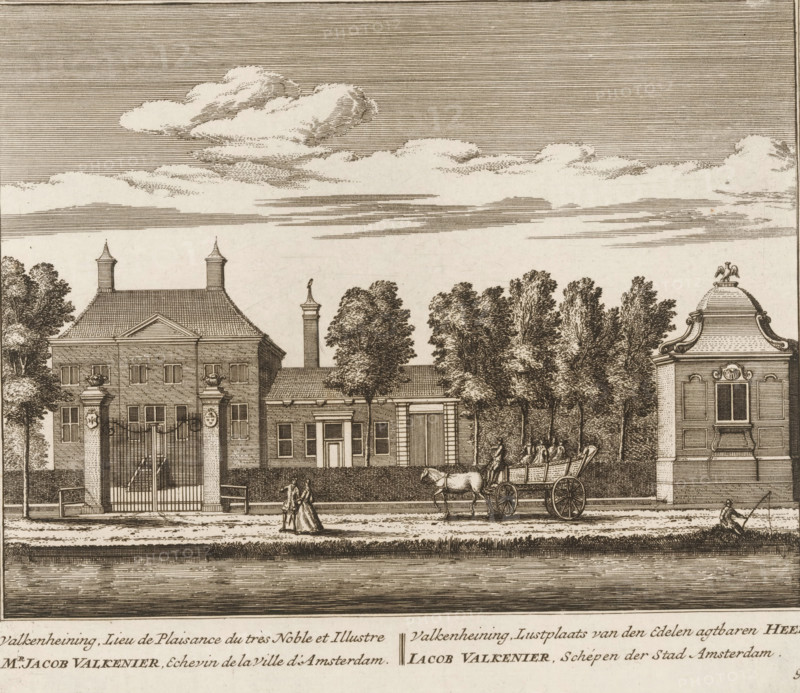 Valkenheining, pleasure estate of the very noble and illustrious Mr. Jacob Valkenier, alderman of the city of Amsterdam, pleasure grounds of the noble and admirable gentleman Jacob Valkenier, View of the country estate Valkenheining, near Loenersloot, print, book illustration, Series number, 93, 100, printmaker: Abraham Rademaker, publisher: Leonard Schenk, Amsterdam, 1730, paper, etching, three binding holes in the left margin, height 172 mm x width 200 mm, A sepia-toned engraved scene shows a stately building with a tiled roof, chimneys, and shuttered windows behind a gated entrance with tall pillars, flanked by leafy trees and hedges; to the right a smaller ornate pavilion with a curved roof and decorative finial stands near more trees; in front of the buildings a road runs parallel to a waterway, where a horse-drawn cart carrying figures is moving along while two people walk together nearby and a seated figure sits by the water; the sky is filled with layered horizontal lines and s...