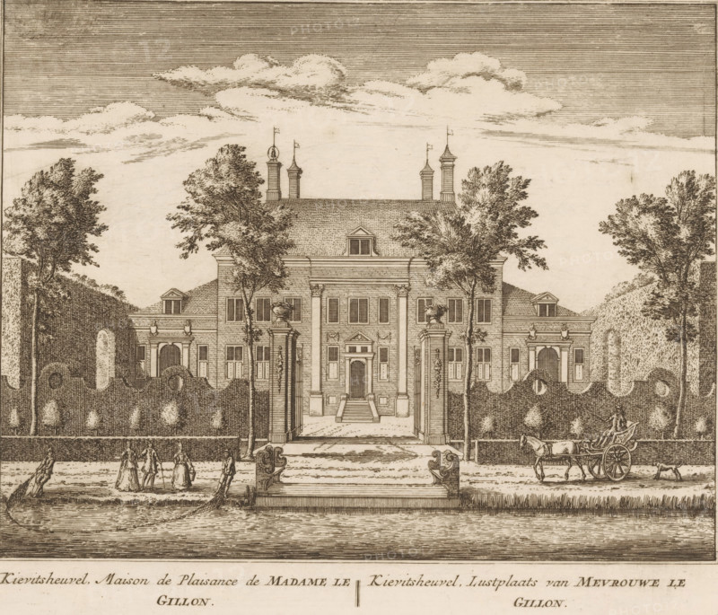 View of the country estate Kievitsheuvel, near Abcoude, Kievitsheuvel, maison de plaisance de madame Le Gillon, pleasure grounds of Madame Le Gillon, print, book illustration, Series number, 67, 100, printmaker: Abraham Rademaker, publisher: Leonard Schenk, Amsterdam, 1730, paper, etching, height 170 mm x width 197 mm, A detailed line drawing of a grand symmetrical mansion viewed from the front, with a central entrance approached by steps and framed by columns and decorative urns on pedestals, flanked by matching wings with arched doorways and dormer windows on a pitched roof topped by tall chimneys and small flag-topped finials; neatly clipped high hedges with rounded tops form a formal garden in front of the house, punctuated by regularly spaced rounded shrubs and two taller trees rising beside the entrance; a low balustrade and gate pillars mark the approach, and a carriage drawn by a horse stands to one side on a pathway while small groups of people in period clothing stroll nearby...