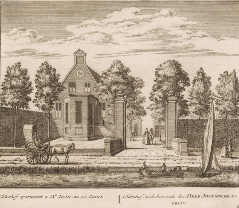 View of the country estate Oldenhof, near Abcoude, Oldenhof, apartment to Mr. Jean de la Croix, belonging to Mr. Joannis de la Croix, print, book illustration, Series number, 66, 100, printmaker: Abraham Rademaker, publisher: Leonard Schenk, Amsterdam, 1730, paper, etching, height 170 mm x width 197 mm, An ink engraving of a riverside scene showing a central two-story building with a steep gabled roof and a small tower above, flanked by tall trees and gate pillars topped with ornamental urns, a carriage drawn by a horse passing on the road in front of the building, a small boat with a sail and seated figures on the water, additional figures walking through the gated entrance toward the building, walled gardens or hedges at the sides, and a sky filled with layered clouds.