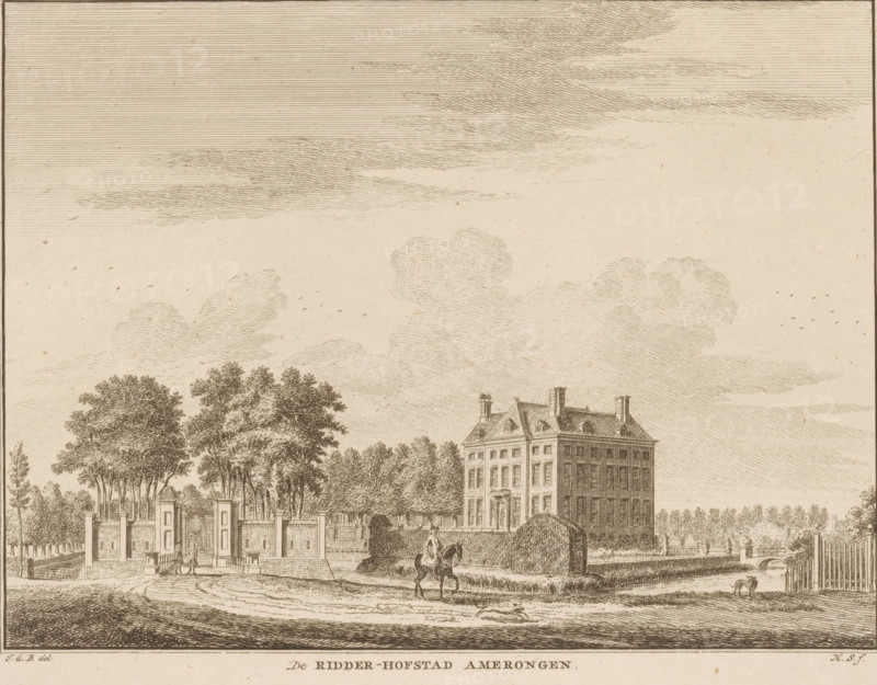 View of the Knight's Manor in Amerongen, The Knight's Manor Amerongen, print, book illustration, printmaker: Hendrik Spilman, after drawing by Jan de Beijer, 1742 - 1784, paper, etching, engraving, height 159 mm x width 200 mm, bridge in village across river, canal, landscape with tower or castle, castle, Amerongen, A sepia-toned etching shows a large multi-story mansion with a steep roof, chimneys, and rows of windows, set behind formal hedges and a low wall; a gated entrance with pillars opens onto a curved drive lined by trees, and a rider on horseback travels along the path while a dog stands near a fence; tall leafy trees cluster to one side of the house, and a sky filled with layered, hatched clouds stretches above the scene.