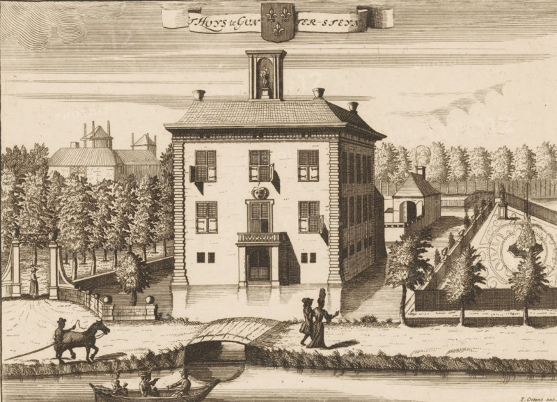 View of Gunterstein in Breukelen, 't Huys te Gunter-steyn, print, book illustration, after drawing by Caspar Specht, publisher: Joachim Ottens, after 1710, Caspar Specht, Joachim Ottens, printmaker, after drawing by, publisher, paper, etching, engraving, height 149 mm x width 205 mm, A detailed etching of a large rectangular building with a hipped roof and a small cupola on top, flanked by rows of trees and formal garden elements, showing the building's symmetrical front with shuttered windows, a central arched doorway with a balcony above, and rusticated quoins at the corners, a paved walkway and a small arched bridge crossing a water channel in front, figures walking near the building, a rider on a horse at the left leading the animal by reins, a small boat with seated figures in the water, garden parterres and a decorative wall on the right, a chimneyed outbuilding behind the main house with smoke rising, and distant trees and simple linear clouds in the sky.