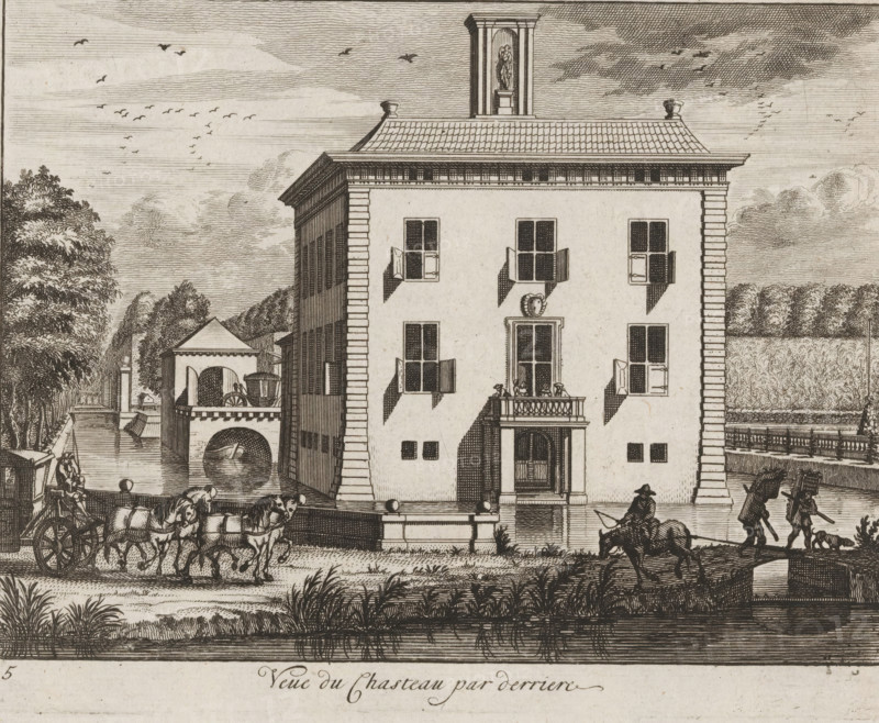 View of Gunterstein Castle from behind, View of Gunterstein in Breukelen, print, Series number, 5, 16, printmaker: Joseph Mulder, publisher: Nicolaes Visscher (II), Amsterdam, 1679 - 1702, paper, etching, engraving, height 130 mm x width 162 mm, castle, four-wheeled vehicle drawn by more than three animals, Breukelen, Gunterstein Castle, A detailed black and white engraving shows a large rectangular building with a tiled roof and a small tower rising from the center top containing a statue; the façade has several shuttered windows, a small balcony with figures on it above an arched doorway, and a wreath-like ornament above a central window; to the left of the building a bridge-like structure spans a waterway with an arched opening and a covered pavilion, and a boat is visible in the water beneath; in the foreground a team of horses pulls a cart along a road while a rider on horseback and two walking figures with a dog move nearby; trees and a row of hedges appear in the background, and...