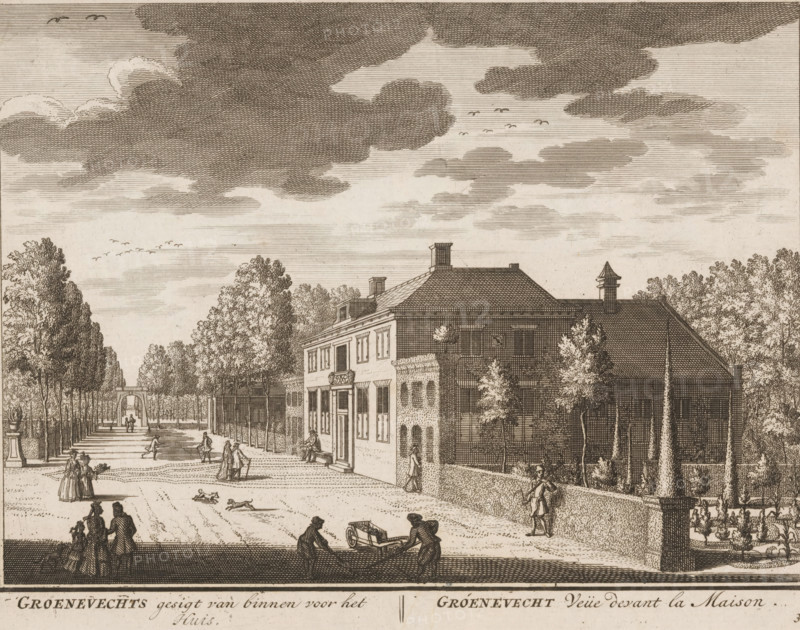 View of Groenevecht in Breukelen, Groenevechts gesigt van binnen voor het huis, Groenevacht veüe devant la maison, print, book illustration, Series number, 38, 98, printmaker: Daniël Stopendaal, publisher: widow Nicolaes Visscher (II), Amsterdam, 1719, paper, etching, height 172 mm x width 225 mm, A detailed sepia-toned engraving shows a formal avenue lined with tall trees receding toward an arched gateway, a large two-story house with a tiled roof and chimneys set to the right, and a walled garden area with clipped trees and hedges adjacent to the house. People in period clothing occupy the foreground and middle distance, including couples conversing, figures walking or standing near the house entrance, a man carrying a long staff by the wall, and two people maneuvering a small cart near the lower edge. Dogs and small animals appear on the path, and groups of distant figures are visible along the tree-lined promenade. The sky is filled with banded, crosshatched clouds and flocks of bi...