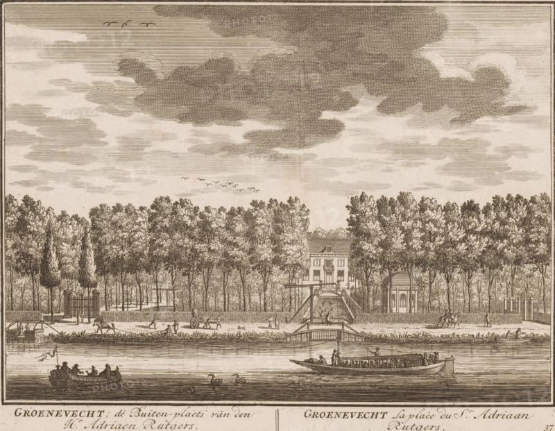 View of Groenevecht in Breukelen, Groenevecht, the country estate of Mr. Adriaen Rutgers, Groenevecht la place du sr. Adriaan Rutgers, print, book illustration, Series number, 37, 98, printmaker: Daniël Stopendaal, publisher: widow Nicolaes Visscher (II), Amsterdam, 1719, paper, etching, height 170 mm x width 228 mm, A wide landscape engraving showing a river in the foreground with small rowing boats and a larger covered boat carrying seated passengers, waterfowl on the water, and figures standing at the riverbank; beyond the river a formal bank with a bridge and steps leads up through a tree-lined avenue toward a multi-story house partly obscured by tall dense trees, flanked by smaller structures and garden gates; along the avenue people are walking and a horse-drawn cart is visible on a path; the sky above is filled with layered clouds and a small flock of birds.