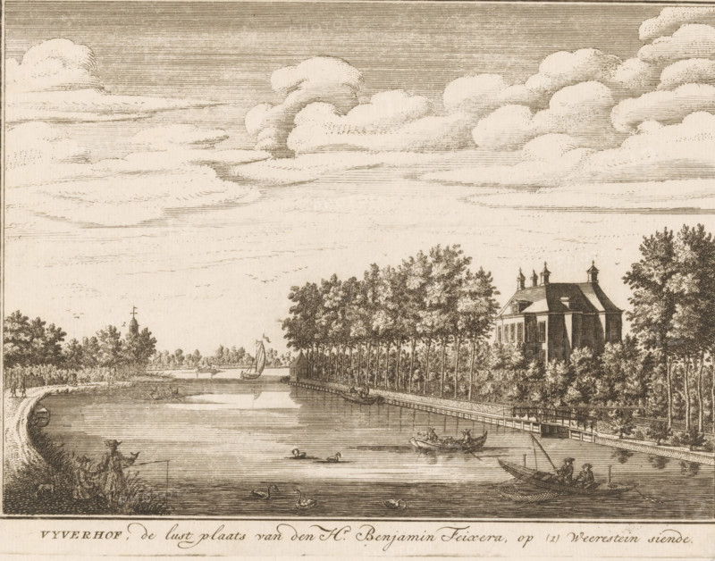 Vyverhof, the pleasure grounds of Mr. Benjamin Feixera, overlooking Weerestein, View of the country estate Vijverhof, in Breukelen, print, after print by Daniël Stopendaal, 1720 - 1800, Daniël Stopendaal, printmaker, after print by, paper, etching, height 153 mm x width 204 mm, Copy of a print in: Stopendaal, Daniël. The Triumphant Vecht, showing various views of pleasure grounds, manor houses and villages, beginning in Utrecht and ending with Muyden. Amsterdam: Widow Nicolaas Visscher, 1719., rural housing, e.g. country-house, villa, cottage, Breukelen, A wide sepia-toned engraving shows a river or broad canal curving from the foreground into the distance, with calm water reflecting light and several swans and small boats on its surface; along the right bank a long line of tall trees obscures a large multi-story house with steep roofs and small decorative turrets, and a low fence or railing runs beside a pathway; on the left bank nearer the foreground a figure stands by the water's ed...
