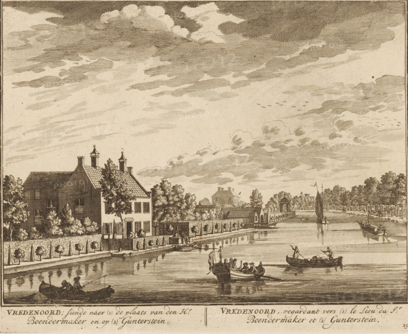 View of Vredenoord near Breukelen, Vredenoord, looking towards the place of Mr. Boendermaker and towards Gunterstein, looking towards the place of Mr. Boendermaker and Gunterstein, print, book illustration, Series number, 29, 98, printmaker: Daniël Stopendaal, publisher: widow Nicolaes Visscher (II), Amsterdam, 1719, paper, etching, height 163 mm x width 201 mm, A riverside scene rendered in a sepia-toned etching style showing a stretch of water with small rowboats and a larger sailboat, groups of people in the boats, a tree-lined bank with a high wall and a row of clipped trees, several buildings including a large house with chimneys and decorative rooftop elements, smaller houses and a pavilion structure set back among trees, walkways and a low fence along the water, reflections of the boats and trees on the water surface, figures walking or standing on the bank, and a sky filled with layered clouds and a few flocks of birds.