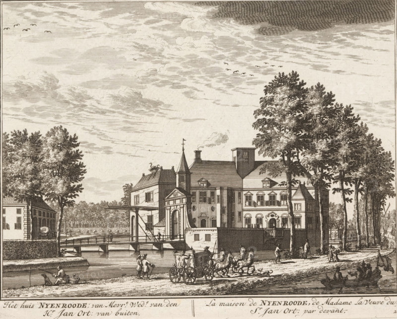View of Nijenrode Castle near Breukelen, The house Nyenrode: of Mrs. widow of Mr. Jan Ort: from the outside, La maison de Nyenrode, de madame la veuve du sr. Jan Ort: par devant, print, book illustration, Series number, 28, 98, printmaker: Daniël Stopendaal, publisher: widow Nicolaes Visscher (II), Amsterdam, 1719, paper, etching, height 163 mm x width 205 mm, An engraved riverside scene shows a large multi-winged building with varied rooflines, chimneys, a small tower with a flag, arched entrances, and many windows; trees flank the building and rise above its roofs; a bridge spans the water in front of the building with figures crossing; in the foreground a horse-drawn carriage moves along the road and people walk and converse nearby; on the water near the shore a man sits in a small boat while another boat with seated figures floats close by; the sky is filled with horizontal cloud lines and scattered small flying birds.