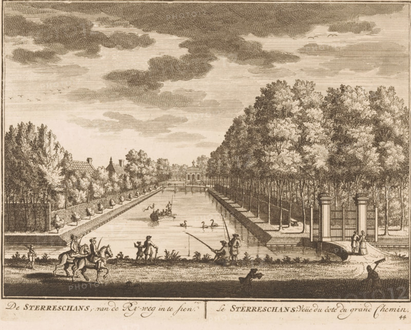 De Sterreschans, seen from the Ry-weg, Le Sterreschans, Vuüe du côte du grand Chemin, Country estate De Sterreschans seen from the road, print, Series number, 44, printmaker: Daniël Stopendaal, publisher: widow Nicolaes Visscher (II), 1719, paper, etching, height 158 mm x width 203 mm, A sepia-toned engraved scene showing a long rectangular canal lined with trees on both sides, a small pavilion at the far end of the canal, and several figures engaged in activities along the water and banks. Boats with people sit on the canal, some swans or waterfowl glide on the surface, and a person fishes from the right bank. Tall trees form a dense avenue on the right side while smaller planted trees and hedges line the left. In the foreground a pair of riders on horseback move along a path, nearby a walking child and standing adults are visible. On the right near an ornate gated entrance two figures stand and converse. Above, a sky with textured clouds fills the upper portion of the image and a sma...