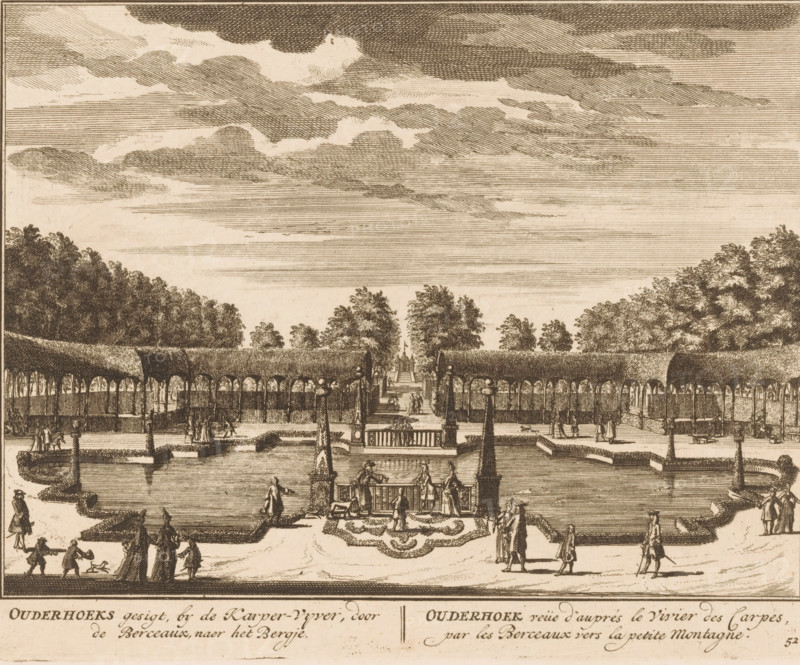 Ouderhoeks view, by the Karper-Vyver, through the Berceaux, towards the Bergje, Ouderhoek view of the Vivier des carpes, by the Berceaux versus the petite Montagne, View of the carp pond of the Ouderhoek house, print, Series number, 52, printmaker: Daniël Stopendaal, publisher: widow Nicolaes Visscher (II), 1719, paper, etching, height 160 mm x width 202 mm, A wide engraved scene shows a formal garden with rectangular water basins, low hedges, and sculpted topiary. A central stone balustrade and steps lead from a raised terrace down toward a fountain and a pool where a small boat is moored. Figures in period clothing stroll along paths, stand near the water, and converse on steps and terraces. Arched trellis structures line both sides of a long walkway that extends toward a distant tree-lined avenue. Tall trees frame the background beyond the terraces and trellises, and a sky filled with layered clouds stretches overhead.