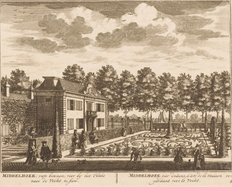 View of Middelhoek with garden, Middelhoek, from the inside, in front of the House to be seen towards the Vecht, par dedans, á côte de la maison regardant vers le Vecht, print, Series number, 55, printmaker: Daniël Stopendaal, publisher: widow Nicolaes Visscher (II), 1719, paper, etching, height 160 mm x width 206 mm, A monochrome engraving shows a large house with shuttered windows and a small balcony, a decorative pediment above the roofline, and a tiled roof; in front of the house a formal garden features ornate patterned flowerbeds, a straight path, low hedges, and several potted plants; tall trees form a dense line behind the garden and extend across the scene; people in period dress walk along the paths and stand near the hedges, some accompanied by small dogs; a low fence and gate separate the garden from the tree line, and a small sailboat is visible beyond the trees; the sky is filled with layered, textured clouds and a few birds.