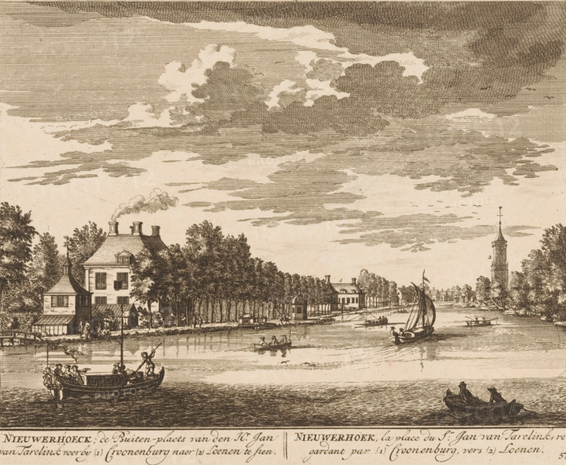 House Nieuwerhoek on the Vecht, Nieuwerhoeck, the country estate of Mr. Jan van Tarelink seen past (1) Croonenburg towards (2) Loenen, Nieuwerhoek, the place of Mr. Jan van Tarelink, regardant par (1) Croonenburg, vers (2) Loenen, print, Series number, 57, printmaker: Daniël Stopendaal, publisher: widow Nicolaes Visscher (II), 1719, paper, etching, height 162 mm x width 202 mm, A wide horizontal scene shows a river with several small boats and figures rowing or standing, a larger boat with people near the left foreground, and another small boat with two seated figures in the right foreground; along the far bank there are rows of trees, a cluster of buildings including a multi-story house with chimneys and a smaller turreted structure, and a tall tower with a spire rising above the treeline toward the right; the sky above is filled with layered, hatched clouds and open areas of lighter sky.