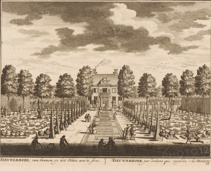 Nieuwerhoek, from the inside, to be seen of the House, by those inside looking at the house, View of House Nieuwerhoek, print, Series number, 58, printmaker: Daniël Stopendaal, publisher: widow Nicolaes Visscher (II), 1719, paper, etching, height 157 mm x width 202 mm, A detailed etching shows a formal garden leading to a large rectangular house flanked by tall trees, with rows of trimmed trees and patterned parterres on either side of a central path. The sky above is filled with crosshatched clouds. The house has a symmetrical facade with a central doorway, windows, a balcony, and chimneys with a wisp of smoke. Sculpted urns and statues appear near the entrance and within the garden beds. People in period dress are scattered along the path and near the parterres, some walking in pairs, others standing or seated, and a figure on horseback is visible at the right edge. In the foreground three figures sit at the base of the scene, and two figures push a wheelbarrow along the front border...