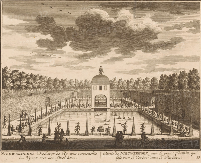 Nieuwerhoeks-Deel, over de Ry-weg, vertoonende den Vijver met het Speel-huis, Partie de Nieuwerhoek, par le grand Chemin, qui fait voir le Vivier, avec le Pavillon, Gezicht op de vijver van huis Nieuwerhoek, print, Series number, 59, printmaker: Daniël Stopendaal, publisher: widow Nicolaes Visscher (II), 1719, paper, etching, height 159 mm x width 202 mm, A sepia-toned engraving shows a formal garden with a rectangular reflective pool bordered by low walls and rows of cone-shaped topiaries and small planted shrubs, with several ducks visible on the water. At the far end of the pool stands a pavilion with a rounded domed roof topped by a sculpted bird, an arched opening at ground level and small windows above, flanked by colonnaded walkways and planted beds. Figures in period dress stroll along pathways beside the pool and near the pavilion, some seated and some standing in small groups. Tall hedges and rows of trees form a dense boundary behind the pavilion, and the sky above features ...