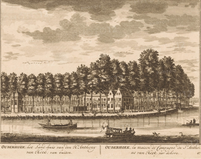 View of Ouderhoek on the Vecht, Ouderhoek, the country house of Mr. Anthony van Hoek, from the outside, the country house of Mr. Anthoine van Hoek, print, Series number, 47, printmaker: Daniël Stopendaal, publisher: widow Nicolaes Visscher (II), 1719, paper, etching, height 160 mm x width 207 mm, A monochrome etching showing a riverside scene with a dense row of tall trees behind a fence and a cluster of houses partially visible among the foliage, a small pavilion or gate structure at one end, people walking along the tree-lined path, several boats on the water including a larger ornate boat with seated figures and smaller rowboats with standing and seated occupants, a few swans or waterfowl near the shore, and a sky filled with layered clouds and small flocks of birds.