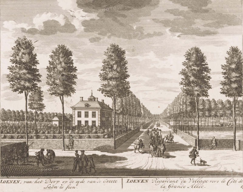 Loenen, seen from the Village on the side of the Great Lane, Loenen View of the Village towards the Côte de la Grande Allée, View of Loenen with the Great Lane, print, Series number, 65, printmaker: Daniël Stopendaal, publisher: widow Nicolaes Visscher (II), 1719, paper, etching, height 160 mm x width 207 mm, A wide engraved scene shows a tree-lined avenue receding into the distance with tall, slim trees flanking a central path. In the foreground a carriage drawn by horses travels along the road while several mounted riders and pedestrians move nearby. To the left of the avenue stands a rectangular house with a hipped roof and small cupola, set behind hedges and a fence, and a smaller outbuilding sits nearby. Figures in period clothing walk and converse along the sidewalks, one person leading a small dog, and other figures carry items or attend to the horses. The sky is filled with layered clouds rendered in fine lines, and birds appear among the clouds. The overall image is composed o...
