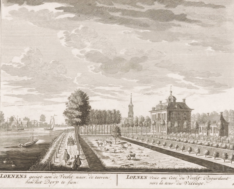 Loenens gesigt aen de Vecht, naer de tooren van het Dorp te sien, Loenen veüe au coté du Vecht, Regardant vers la tour de Village, Gezicht op Loenen aan de Vecht, print, Series number, 67, printmaker: Daniël Stopendaal, publisher: widow Nicolaes Visscher (II), 1719, paper, etching, height 161 mm x width 205 mm, A wide riverside scene rendered in fine linework showing a stretch of water with a small sailboat and a rowed boat near the bank, swans on the water, and distant buildings across the river; a tree-lined towpath runs alongside the river with people walking, a horse-drawn cart, and a pair of figures conversing near the foreground; beyond the path a fenced grassy area contains grazing sheep and cows and a person tending them; a large multi-story house with a pitched roof, dormer windows, and decorative rooftop finials stands behind a formal hedge and rows of small trees, with additional smaller houses and a church tower visible farther back; the sky is filled with layered, textured...