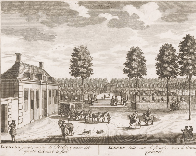 Loenens gesigt, voorby de Stalling naer het groote Cabinet te sien, Loenen, Veüe sur l'Ecurie vers le Grand Cabinet, Gezicht op de stalen van huis Loenen, print, Series number, 66, printmaker: Daniël Stopendaal, publisher: widow Nicolaes Visscher (II), 1719, Daniël Stopendaal, widow Nicolaes Visscher (II), printmaker, publisher, paper, etching, height 160 mm x width 209 mm, A wide engraving shows a formal avenue lined with tall, leafy trees leading toward a distant gated entrance, with a building featuring a tiled roof and dormer windows on the left; figures in period dress walk and converse along the avenue while others ride horses and a horse-drawn carriage waits near the building; small dogs play on the ground and additional people stand or move near fences that border a garden area with neatly arranged hedges and rows of trees; the sky above is filled with textured clouds and a few birds.