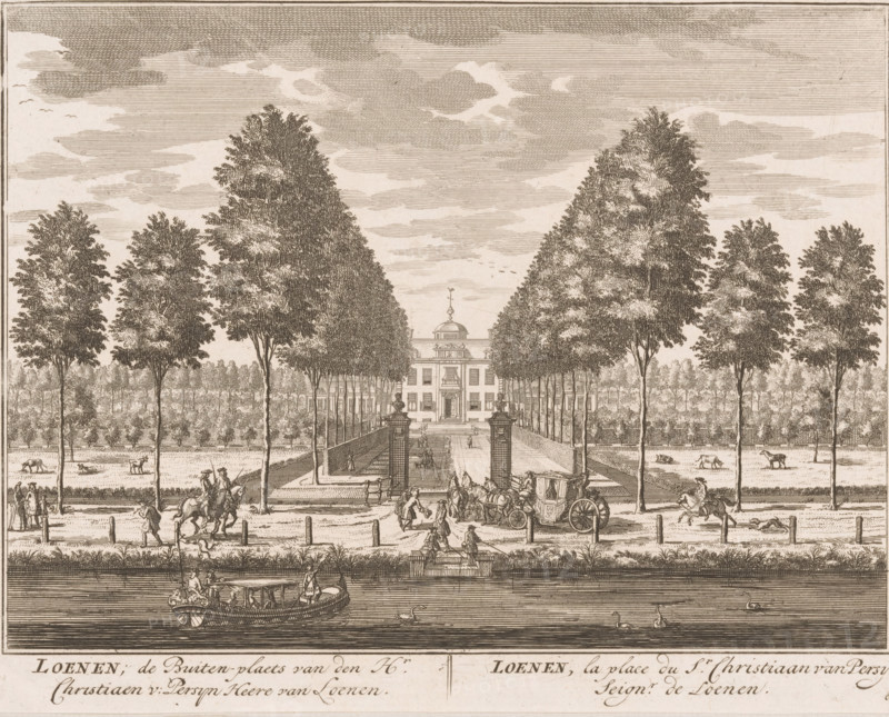 Loenen, the Country Estate of Mr. Christiaen v: Persyn Lord of Loenen, the estate of Mr. Christiaan van Persyn Lord of Loenen, View of Loenen, print, Series number, 63, printmaker: Daniël Stopendaal, publisher: widow Nicolaes Visscher (II), 1719, paper, etching, height 162 mm x width 209 mm, A symmetrical scene shows a large formal house centered at the far end of a long straight avenue lined with tall, evenly spaced trees leading toward the entrance; the house has a central pediment, a dome-like cupola with a weather vane, and a balustraded roofline flanked by rectangular windows and doors. In the foreground a wide waterway runs horizontally, with a covered boat carrying seated figures and a driver, and a few swans on the water. Between the water and the avenue a road runs parallel, populated by horse-drawn carriages, mounted riders, and people walking or standing, some near a set of steps and statues that mark the gated approach to the avenue. The grounds on either side of the avenue...
