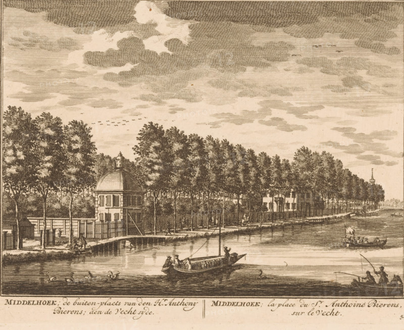 Middelhoek, the country estate of Mr. Anthony Bierens, on the Vecht side, the place of Mr. Anthoine Bierens on the Vecht, View of Middelhoek on the Vecht, print, Series number, 54, printmaker: Daniël Stopendaal, publisher: widow Nicolaes Visscher (II), 1719, paper, etching, height 160 mm x width 206 mm, A sepia-toned etching shows a riverside scene with a row of tall leafy trees lining a path and a fence along the water’s edge, in front of which stand a small domed pavilion and several rectangular buildings partially obscured by foliage, while boats with figures row and sit on the calm river, a small group of swans floats near the shore, and a distant steeple rises above the treeline under a sky filled with layered cloud formations.