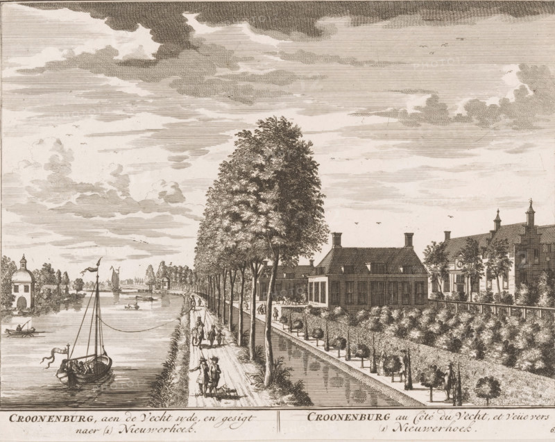 View of Kronenburg aan de Vecht, Croonenburg, aen de Vecht syde, and view after (1) Nieuwerhoek, Croonenburg au Côté du Vecht, et Veüe vers (1) Nieuwerhoek, print, Series number, 61, printmaker: Daniël Stopendaal, publisher: widow Nicolaes Visscher (II), 1719, Daniël Sstopendaal, paper, etching, height 160 mm x width 206 mm, A wide riverside scene rendered in fine monochrome engraving showing a calm waterway with several sailing boats and rowboats, a tree-lined towpath with tall leafy trees, and people walking along the path in period dress; a large building with a pitched roof and chimneys sits beside the path, surrounded by formal gardens with hedges and small clipped trees, while other multi-story buildings with gabled roofs and architectural ornamentation stand nearby; distant structures and a domed pavilion appear across the water, and the sky is filled with layered clouds and small birds.