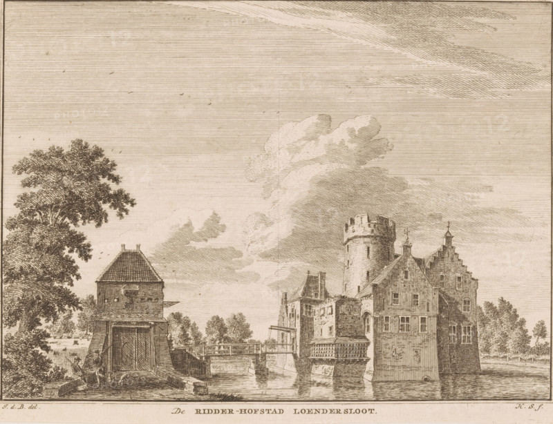 The knightly manor of Loenersloot, View of Loenersloot Castle, print, book illustration, Series number, 241-244, printmaker: Hendrik Spilman, after drawing by Jan de Beijer, publisher: Isaak Tirion, Amsterdam, 1745 - 1774, paper, etching, height 156 mm x width 205 mm, Print used in: Het verheerlykt Nederland of kabinet van hedendaagsche gezigten, Amsterdam: Isaac Tirion, 1745-1774., castle, Loenen (Utrecht), Loenersloot, Loenersloot Castle, A sepia-toned etching showing a waterside scene with a large castle-like building on the right featuring a round tower with battlements and a stepped gable attached to multi-story masonry structures with many windows, a wooden bridge or dock extending into the water in front of the buildings, and a smaller square towered structure with a pitched roof on the left beside a tall leafy tree; the sky is filled with horizontal engraved lines and billowing clouds, and small birds appear in the sky above the scene.