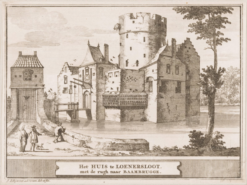 The House at Loenersloot, with its back to Baambrugge, View of Loenersloot Castle, Castles in the Netherlands, print, printmaker: Jacobus Schijnvoet, Amsterdam, publisher: Pieter de Coup, publisher: Hendrik Bosch, publisher: Johannes Marshoorn (publisher), Haarlem, publisher: Gerrit Bom, 1711 - 1774, paper, etching, height 132 mm x width 177 mm, Print included in: Smids, Ludolph. Schatkamer der Nederlandse! Antiquities, or Dictionary, comprising Dutch cities, 1711. Also appeared in the reissue of the aforementioned work in 1737 and 1774. In 1721 an edition appeared containing only the prints: Dutch antiquities, consisting of sixty images, situated in Holland, 1721., castle, Loenen (Utrecht), Loenersloot, Loenersloot Castle, A detailed monochrome etching showing a waterside scene with a large cylindrical tower connected to a complex of stepped and gabled buildings, bridges spanning a calm channel, and a fortified gatehouse with a tiled roof; fine linework depicts rectangular windows, ch...