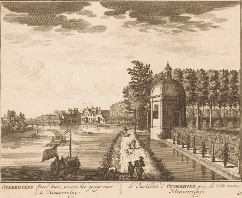 Ouderhoeks Speel-huis, nevens het gesigt naer (1) de Nieuwersluys, Le Pavillon d'Ouderhoek, avec la veüe vers (1) Nieuwersluys, Paviljoen van Ouderhoek, print, Series number, 48, printmaker: Daniël Stopendaal, publisher: widow Nicolaes Visscher (II), 1719, Daniël Stopendaal, widow Nicolaes Visscher (II), printmaker, publisher, paper, etching, height 163 mm x width 203 mm, A sepia-toned engraving showing a riverside scene with a domed pavilion and a tree-lined embankment, a narrow path beside the water where small figures walk, boats moored and afloat on the river, a distant row of houses and a bridge, reflected ripples in the water, a sky filled with stylized horizontal clouds, and decorative text along the lower border.