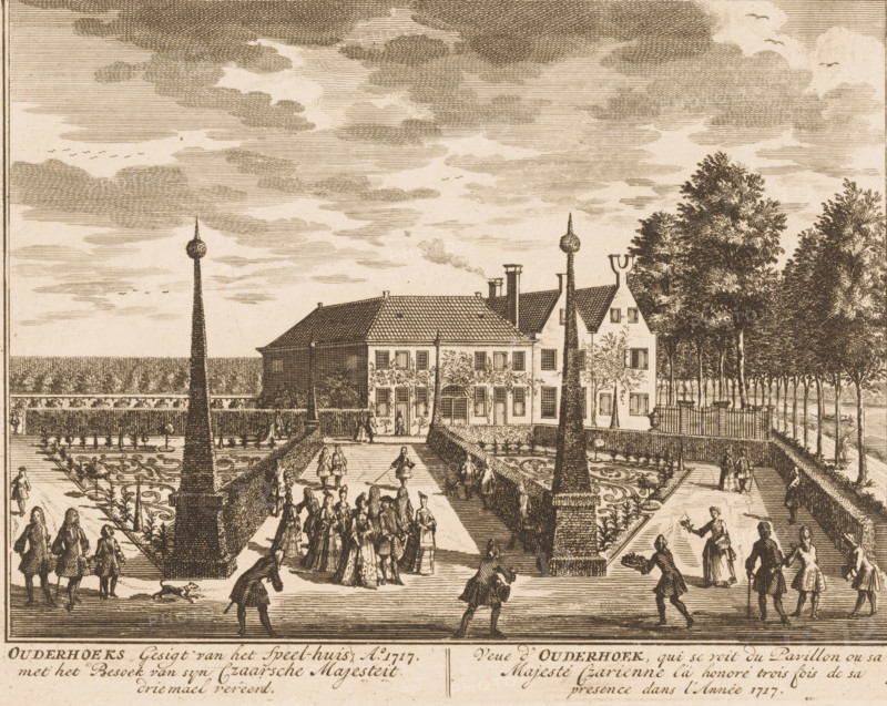 View of the garden and the house Ouderhoek during the visit of Tsar Peter the Great in 1717, Ouderhoeks Gesigt van het Speel-huis, Ao. 1717. met het Besoek van syn Tzaarsche Majesteit drie mael vereedt, Veue d'Oudershoek, qui se voit du Pavillon ou sa Majesté Czarienne la honoré trois fois de sa presence dans l'Année 1717, print, Series number, 49, printmaker: Daniël Stopendaal, publisher: widow Nicolaes Visscher (II), 1719, paper, etching, height 160 mm x width 208 mm, A sepia-toned engraved scene shows a formal garden and a large house with a tiled roof and multiple windows, flanked by tall trees on one side and hedges on the other. In the foreground a wide central pathway runs toward the house, bordered by patterned parterre beds with ornamental planting and low walls. Two tall obelisks topped with spherical finials stand along the central axis. Groups of people wearing period clothing gather and stroll along the path and around the garden; some women wear long dresses and some men ...