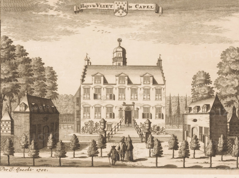 t Huys te Vliet te Capel, Huis te Vliet bij Lopikerkapel, print, View of Huis te Vliet in Lopikerkapel. An access bridge leads to the entrance. Outbuildings on the left and right. In the foreground, an elegant couple., printmaker: Daniël Stopendaal, Amsterdam, publisher: Caspar Specht, Utrecht, 1701, paper, etching, height 148 mm x width 205 mm, Print possibly from: Specht, Caspar. Het verheerlykt Utrecht toont in de gezichten der adelijke en riddermatige hofteden, in de heerlijkheid van Utrecht. Amsterdam: Reinier en Josua Ottens, sa, rural housing, eg country-house, villa, cottage, Lopik, Huis te Vliet, A detailed ink engraving of a large three-story manor with a central entrance reached by a broad set of steps flanked by urn-topped pedestals, symmetrical rows of windows with shutters and dormers on the roof, and a distinctive cupola topped with a sphere; the manor sits between two smaller gabled buildings and is set behind a formal garden with trimmed trees and hedges, a fence line ...